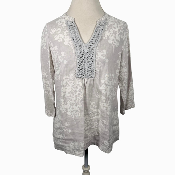 Boden Crochet Trim Tunic Blouse 100% Linen V-Neck Boho Coastal Cottage Size 10P - Picture 2 of 10